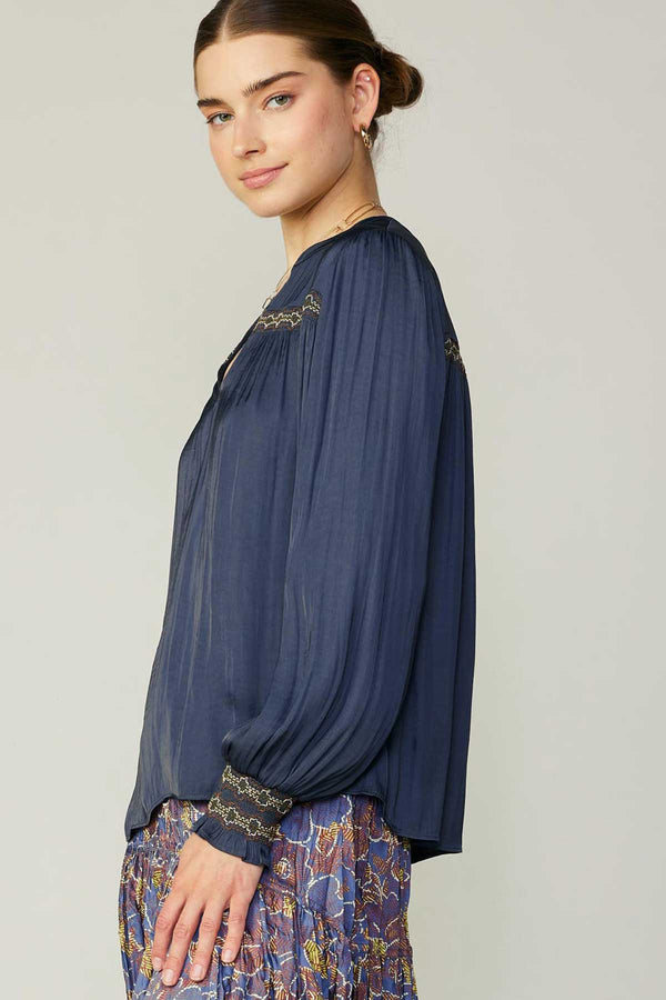 Embroidered Details Shoulder Tab Top Navy