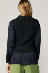 Contrast Pleat Sleeve Vneck Sweater Top Black