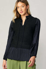 Contrast Pleat Sleeve Vneck Sweater Top Black