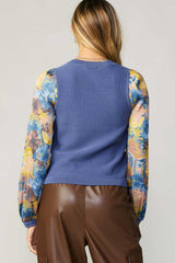 Floral Woven Sleeve Sweater Vest Top Aegean Blue