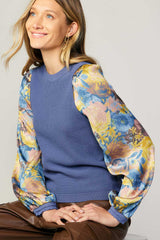Floral Woven Sleeve Sweater Vest Top Aegean Blue