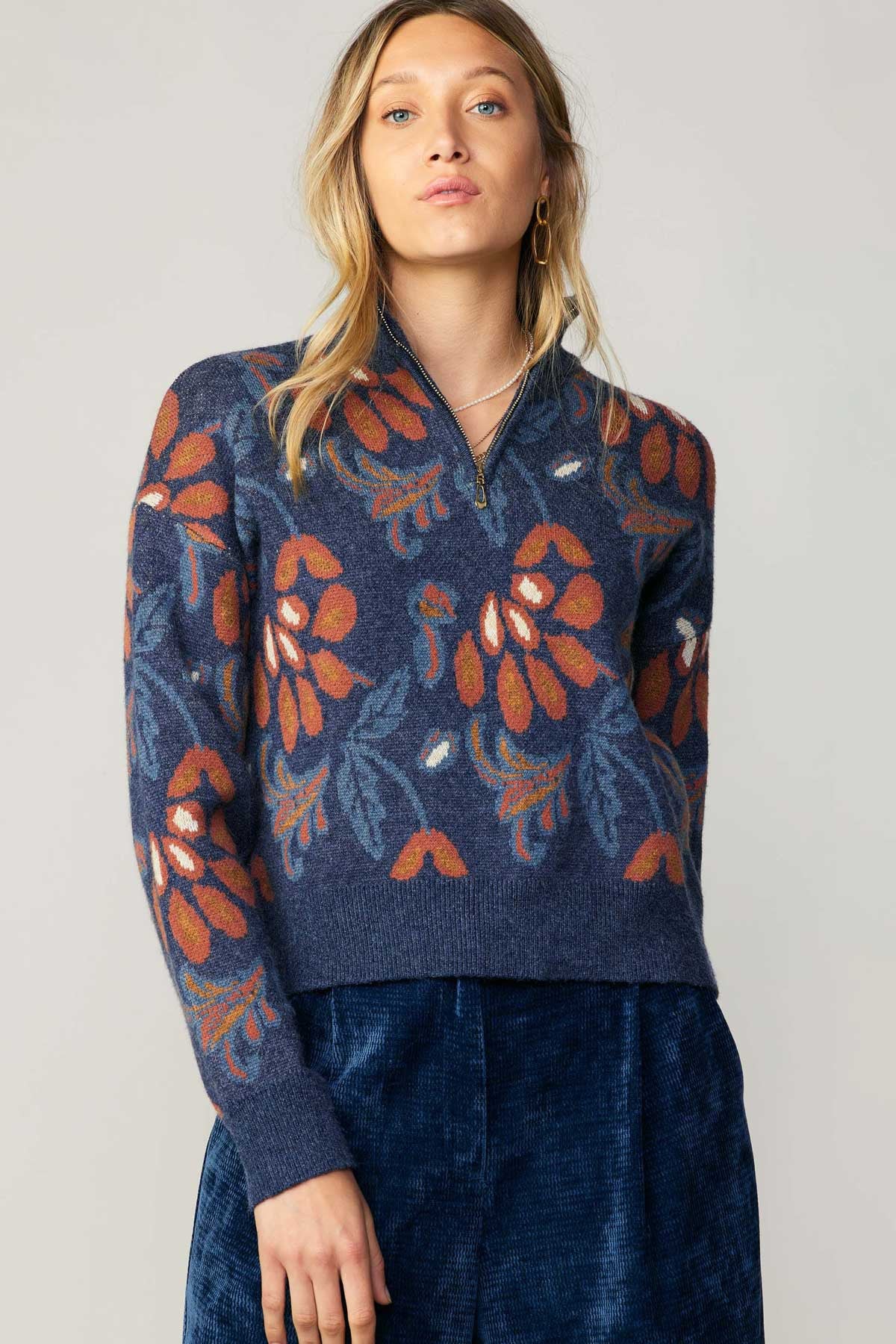 3/4 Zip Floral Jacquard Sweater Denim Blue Multi