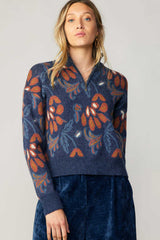 3/4 Zip Floral Jacquard Sweater Denim Blue Multi