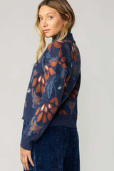 3/4 Zip Floral Jacquard Sweater Denim Blue Multi