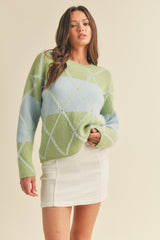 Embellished Diamond Print Sweater Green + Blue