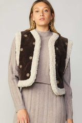 Reversible Sherpa Floral Detail Vest Brown Sand