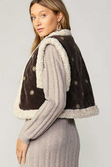 Reversible Sherpa Floral Detail Vest Brown Sand