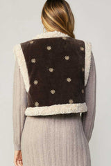 Reversible Sherpa Floral Detail Vest Brown Sand