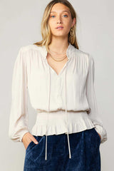 Smocked Detail Peplum Blouse Ecru