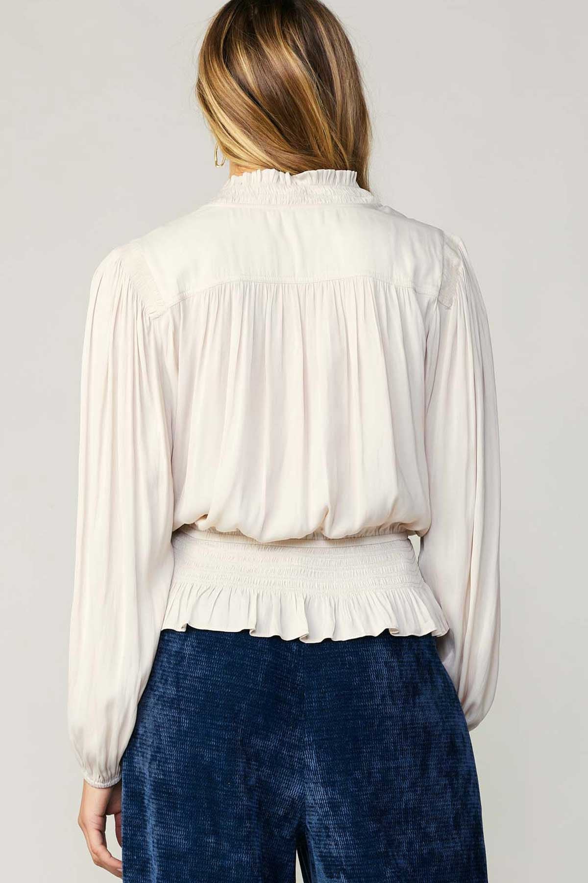 Smocked Detail Peplum Blouse Ecru