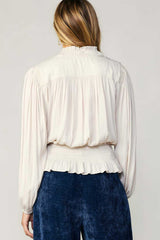 Smocked Detail Peplum Blouse Ecru