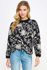 Jacquard Uneven Bottom Sweater Top Black