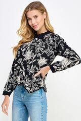 Jacquard Uneven Bottom Sweater Top Black