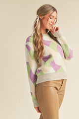 Multi Color Abstract Knit Sweater Purple Green Multi