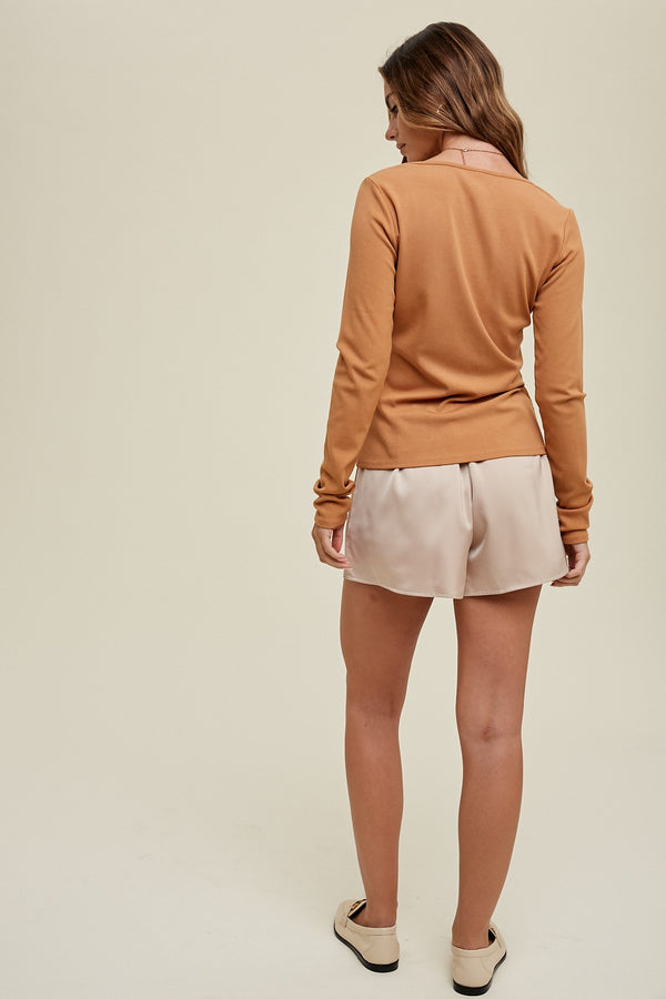 Square Neck Ribbed Knit Long Sleeve Top