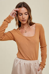 Square Neck Ribbed Knit Long Sleeve Top Camel