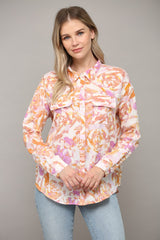 Abstract Floral Swirl Button Down Shirt White + Lavender