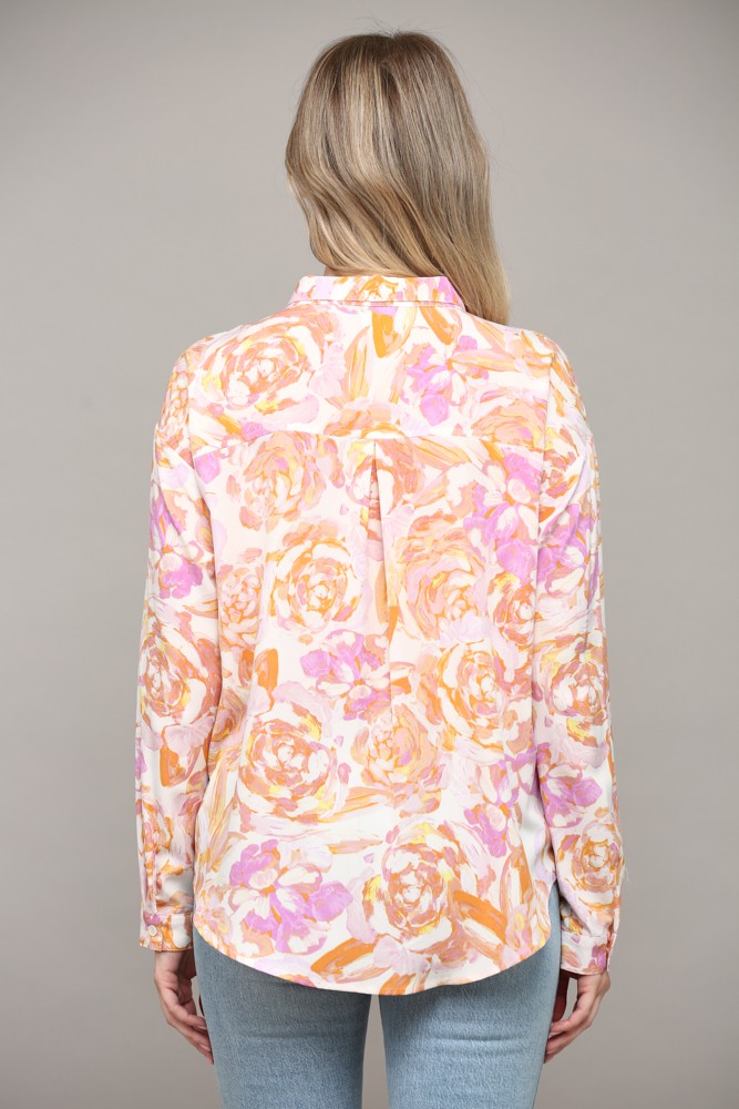 Abstract Floral Swirl Button Down Shirt White + Lavender