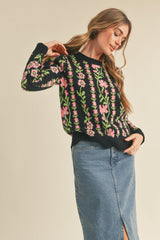 Vertical Knit Floral Stripes Sweater Black Floral