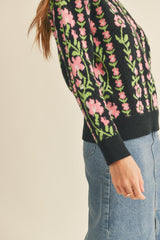 Vertical Knit Floral Stripes Sweater Black Floral