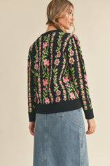 Vertical Knit Floral Stripes Sweater Black Floral