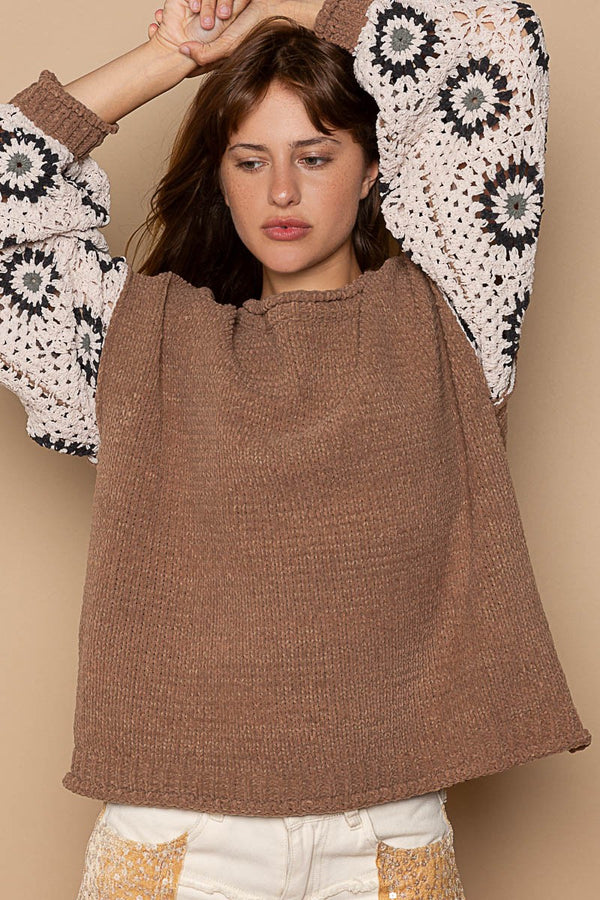 Crochet Sleeve Solid Contrast Sweater
