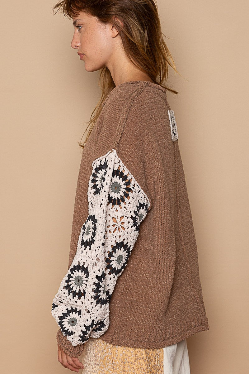 Crochet Sleeve Solid Contrast Sweater