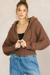 Stripe Texture Knit Hooded Zip Up Brown
