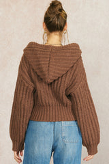 Stripe Texture Knit Hooded Zip Up Brown