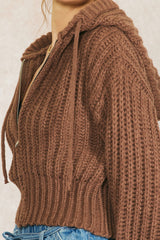 Stripe Texture Knit Hooded Zip Up Brown