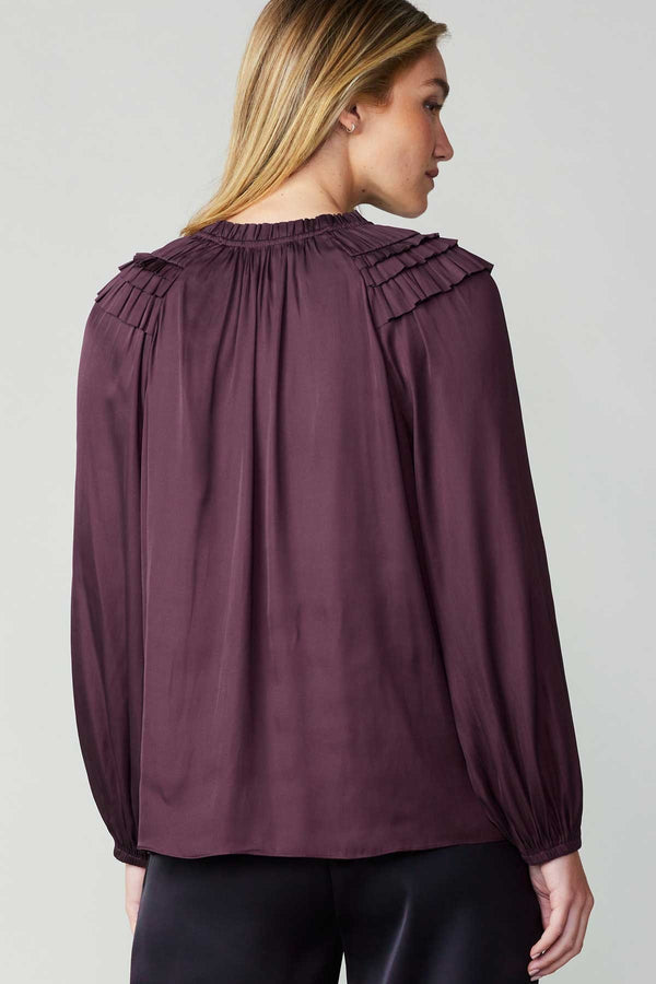 Split Neck Tiered Ruffle Shoulder Blouse Midnight Plum