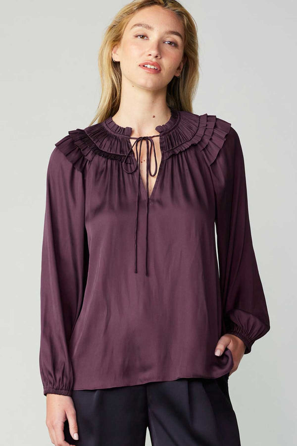 Split Neck Tiered Ruffle Shoulder Blouse Midnight Plum