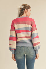 Multi Color Uneven Striped Balloon Sleeve Sweater Lilac Fuchsia Multi