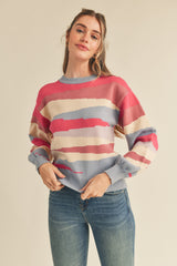 Multi Color Uneven Striped Balloon Sleeve Sweater Lilac Fuchsia Multi