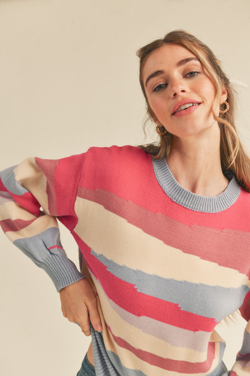 Multi Color Uneven Striped Balloon Sleeve Sweater