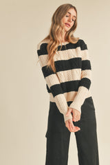 Striped Cable Knit Drop Shoulder Sweater Cream + Black