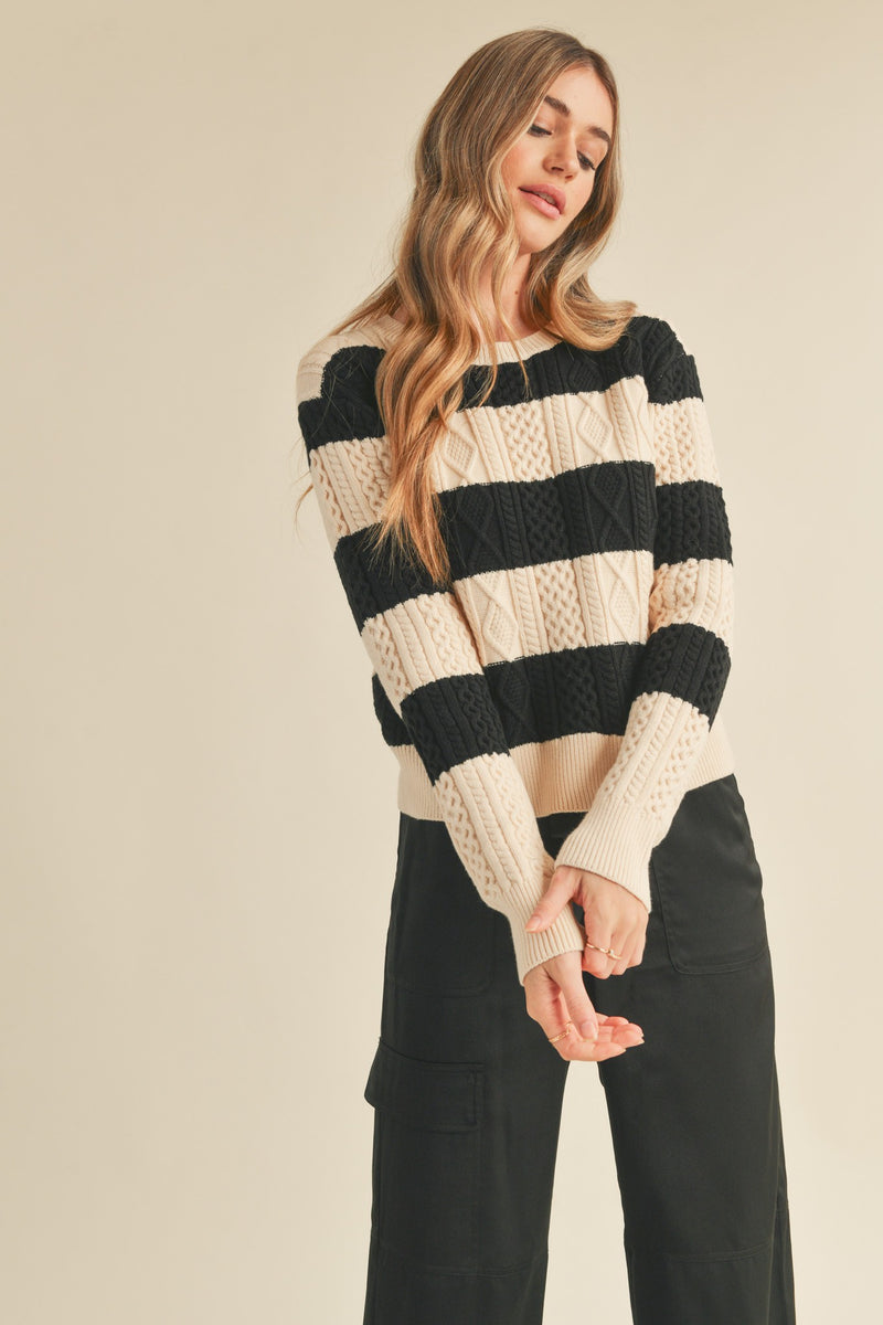 Striped Cable Knit Drop Shoulder Sweater