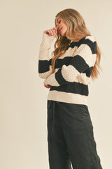 Striped Cable Knit Drop Shoulder Sweater Cream + Black