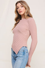 Asymmetric Ribbed Sweatheart Pullover Pale Mauve