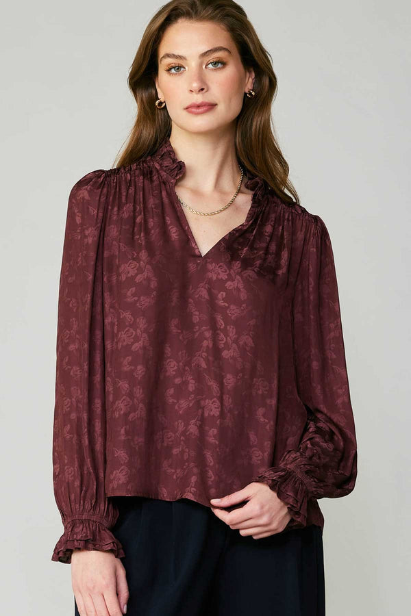 Split Neck Ruffle Collar Cuff Floral Blouse Wine