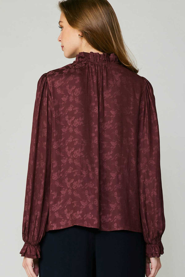 Split Neck Ruffle Collar Cuff Floral Blouse Wine