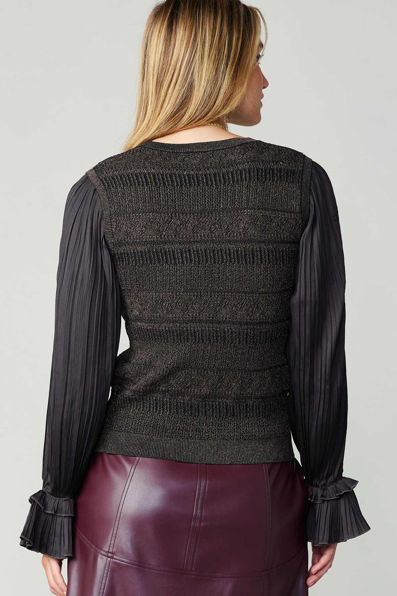 Woven Combo Pleated Sleeve Sweater Top Dark Bronze