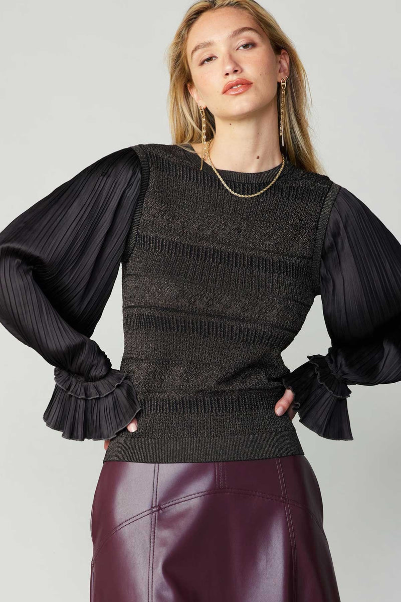 Woven Combo Pleated Sleeve Sweater Top Dark Bronze