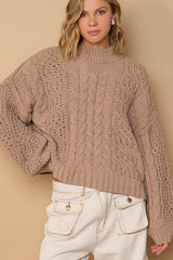 Mock Neck Balloon Sleeve Cable Sweater Mocha Beige