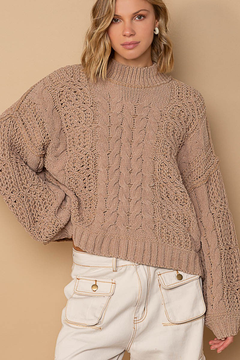 Mock Neck Balloon Sleeve Cable Sweater