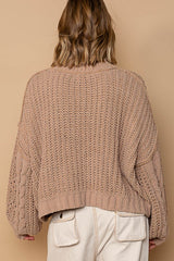 Mock Neck Balloon Sleeve Cable Sweater Mocha Beige