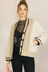 Quilted Colorblock Sweater Cardi Jacket Taupe