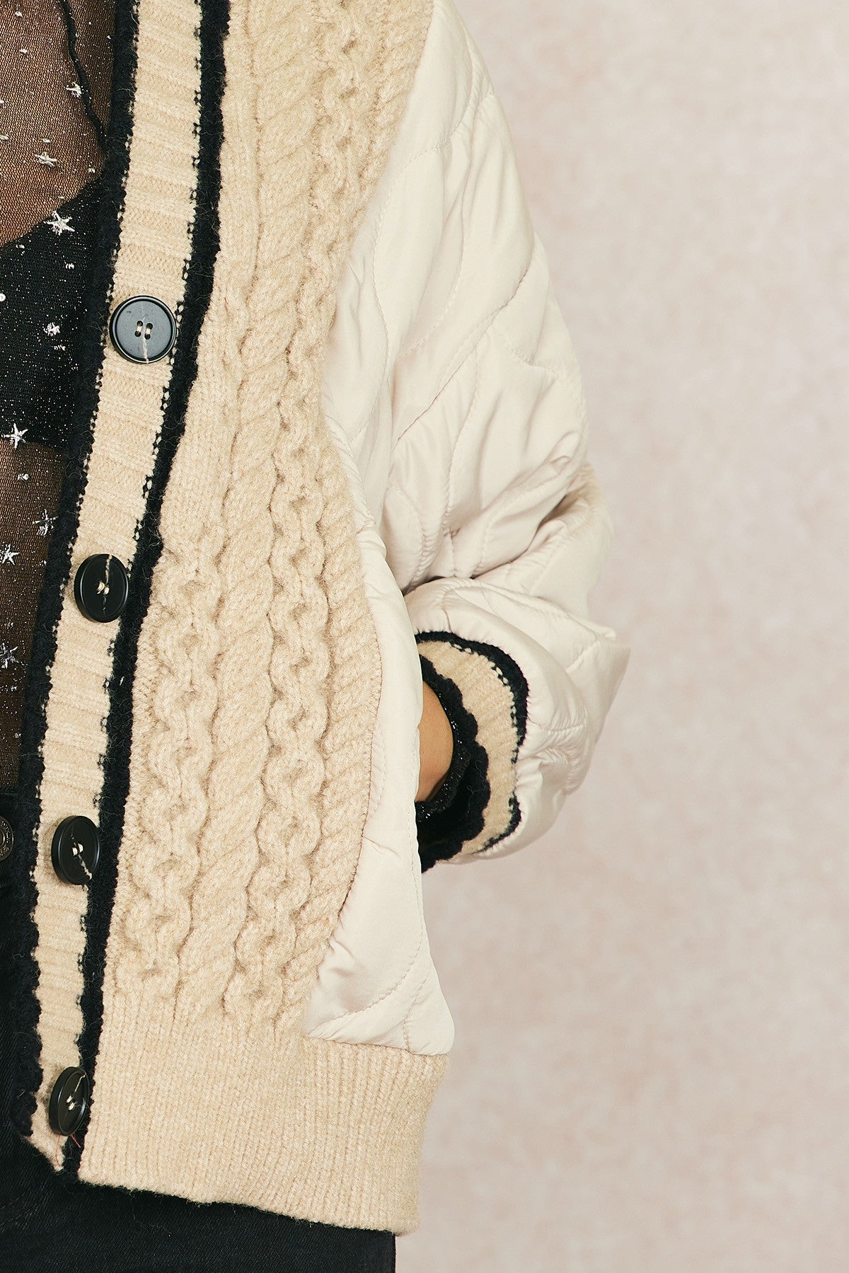 Quilted Colorblock Sweater Cardi Jacket Taupe