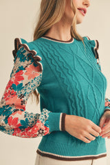 Floral Contrast Sleeve Cable Knit Ruffle Sweater Top Turquoise Teal