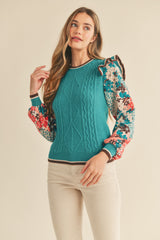 Floral Contrast Sleeve Cable Knit Ruffle Sweater Top Turquoise Teal